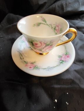 Signed 0Bavaria Germany 1954 Handpainted Pink Floral Bone China Teacup & Saucer